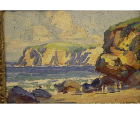 Pair of small gilt framed oils on panel, beach scene and river scene with stone bridge, 8cms x 13cms approximately, together 