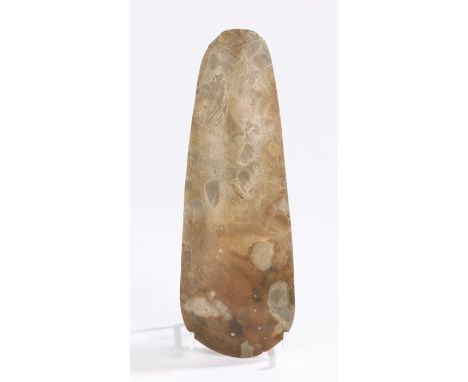 Neolithic polished flint axe head, with a long tapering body, 19cm long. Found in Suffolk during the 1960's by a farm worker 