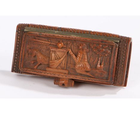 Early 19th Century French carved coquille nut snuff box, the edge in the form of a book with a carved top showing a crouched 