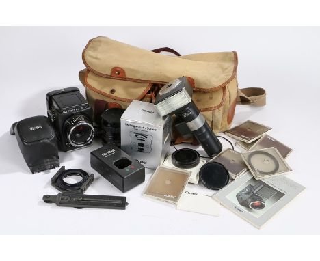 Rolleiflex SLX camera, serial number 4805639 with manual, together with a boxed Rolleigon 1:4 / 50mm by Rollei, and flash uni