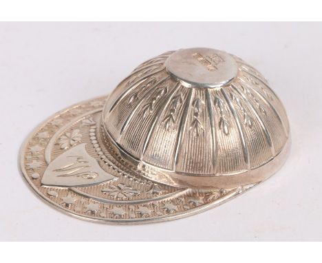 Elizabeth II silver caddy spoon, Sheffield 1996, maker Hugh Crawshaw, in the form of a jockeys cap, the peak with shield shap