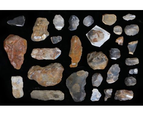 Quantity Neolithic stone flint scrapers ( from Walberswick) hand axe (from Walton on Naze) of various sizes  (qty)