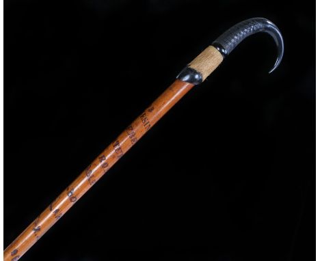 Edwardian Swiss walking stick, the horn handle above the stick with Pontresina title and dated 1903, further places curling t