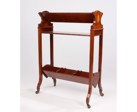 Edwardian walnut, boxwood and fan marquetry inlaid book trough, with trough to the top section above a shelf and further trou