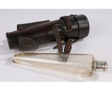 Early 20th Century hunting flask, the glass and silver plated conical flask housed within the leather case, 23cm long