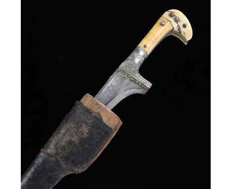 19th Century pesk kabz dagger, with shaped ivory handle tapering blade and leather wrapped scabbard, 37cm long