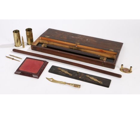 Collection of objects, to include a parallel sliding rule Patt 16010, boxed, a rule, leather clad stick and a small collectio