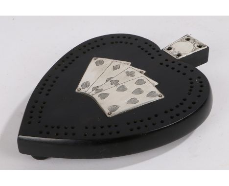 Victorian silver and ebonised cribbage board, Birmingham 1898, maker W &amp; Co, the board in the form of a spade with silver