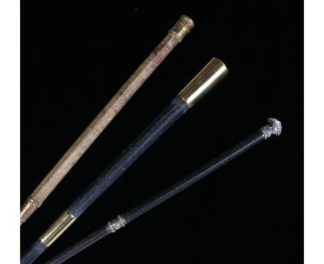 Three riding crops, the first by Swaine with gilt metal cap and collars, together with an example with a hinged lid to contai