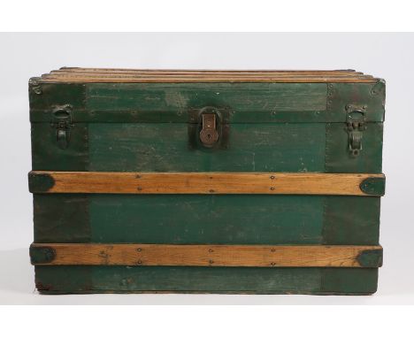 Edwardian trunk, with oak bands above the green painted body, 87cm wide