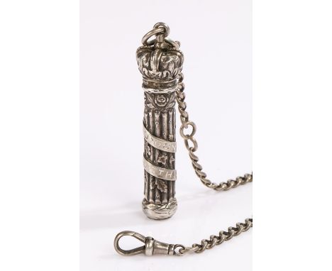 Samuel Mordan &amp; Co white metal propelling pencil, with engine turned body, housed in a column form slip case with crown f