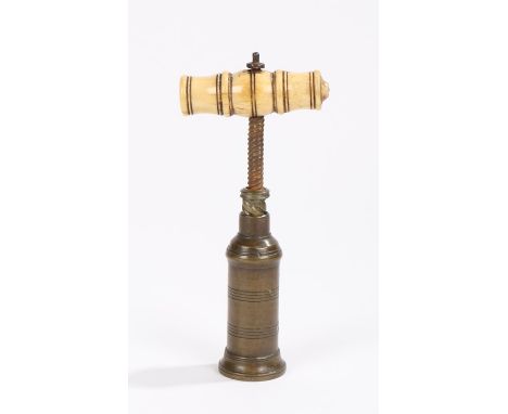 19th Century corkscrew, with a turned bone handle attached to the thread and brass ring turned barrel 