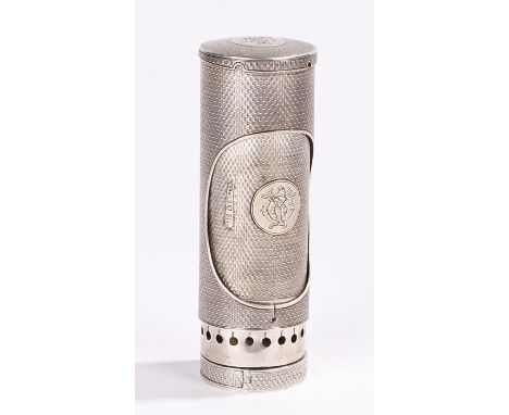 Victorian silver travelling carriage lamp, London 1876, maker William Leuchars, of cylindrical form, the engine turned hinged