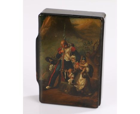 Russian 19th Century Papier Mache table snuff box, finely painted with a family group depicting a wounded grenadier being ten