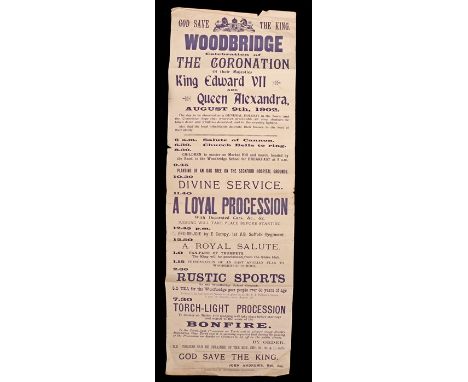 Poster relating to King Edward II and Queen Alexandra's Coronation August 9th 1902, listing the programme of events including