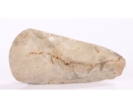 Neolithic part polished flint axe head, with a deep tapering body, 14cm long. Found in Suffolk during the 1960's by a farm wo