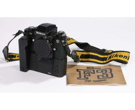 Nikon HP F3 camera body, No 1690738, with an attached motor drive and manual 