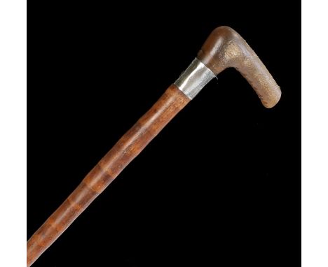 Victorian horn walking stick, the possible Rhinoceros horn grip above a white metal collar dated 1876 above the tapering cane