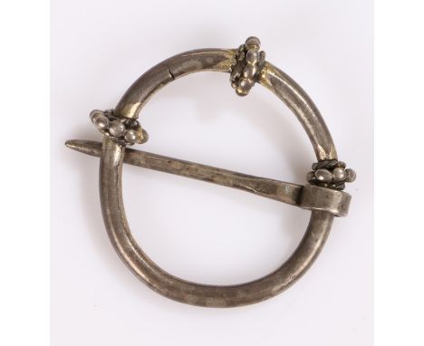 Medieval silver ring brooch, 13th - 14th Century A.D, with three beaded loops to the ring and pin, 32mm diameter 