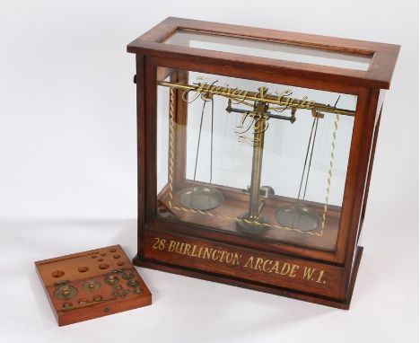 Jewellers scales, the mahogany case with glass top and sides gilt text to the front Havey &amp; Close 1723, 28 Burlington Arc