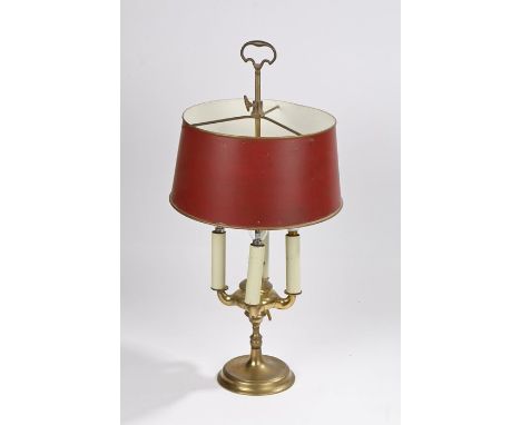 Desk lamp, with a loop top above four light fittings and rounded base, a red metal shade, 63cm high