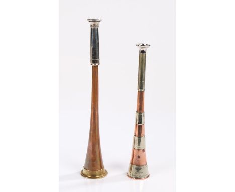 Hykeat Sutton Scotney hunting horn, in copper with silver plated end and collars, 23cm long, together with an unsigned copper
