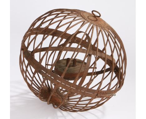 19th Century Ships gimbal lamp, the cage surrounding the gimbal and twin light, 38cm wide