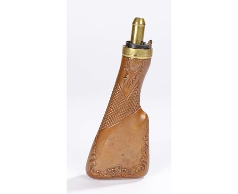 19th Century James Dixon &amp; Sons copper and brass powder flask,  in the form of a gun stock with ornate scrolling and cheq