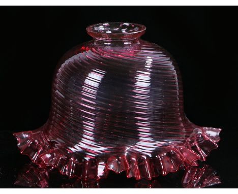Victorian cranberry glass shade, with a wriggle edge and ring body, 23cm wide