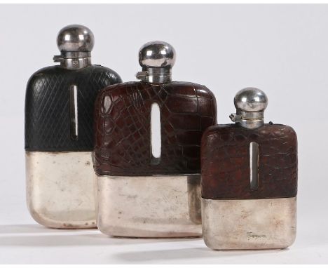 Plate and leather mounted glass hip flask by James Dixon and Sons, two plated and brown alligator skin mounted glass inkwell 