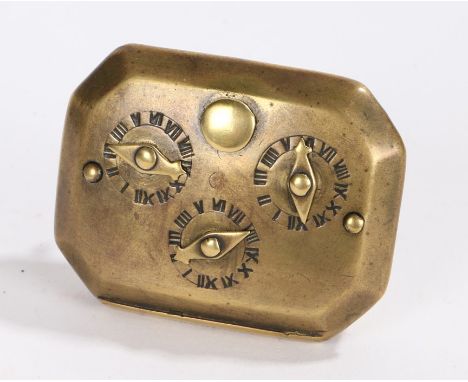 19th Century combination brass snuff box, with three clock dial style Roman numeral dials and a button lever, 3,8 and 12 comb
