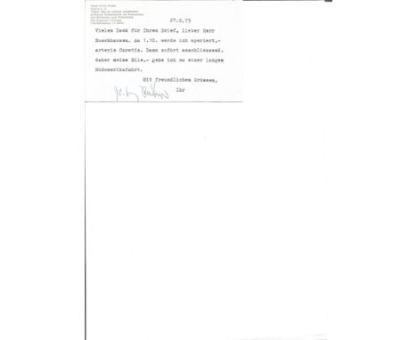 WW2 Luftwaffe ace Hans-Ulrich Rudel typed signed note on back of 1973 photo portrait postcard. German ground-attack pilot dur
