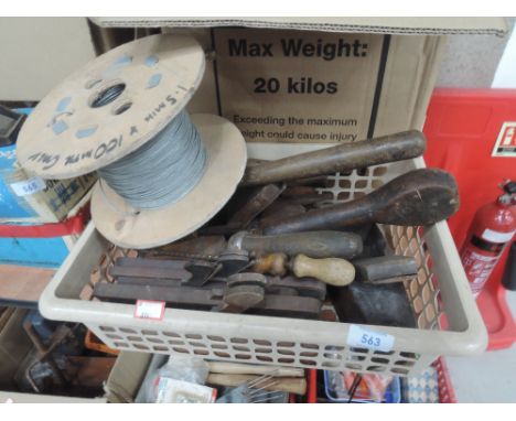 A selection of wood working tools including moulding planes