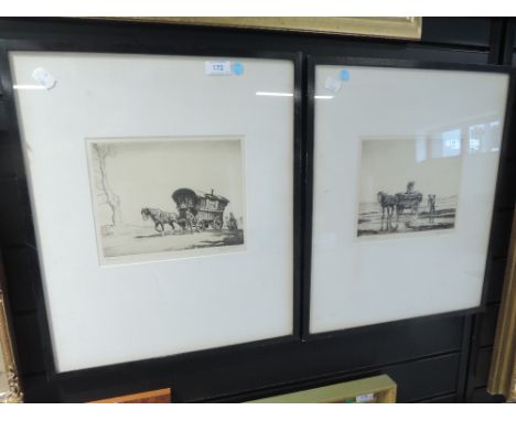 A pair of wood block prints of caravan and field workers