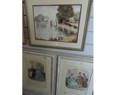 Two framed period prints and an original watercolour Catching Tiddlers by  L Crabtree