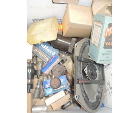 A box of various valves and speaker etc
