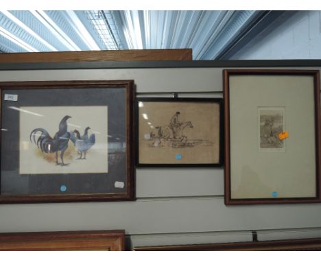 Two prints, two scetches and a framed photograph including 'first Prize Blue Game Cocks'
