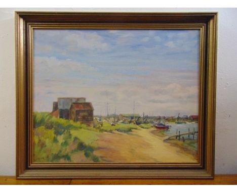 Mary Dixon framed oil on panel of Walberswick Ferry, signed bottom left, 44.5 x 51cm