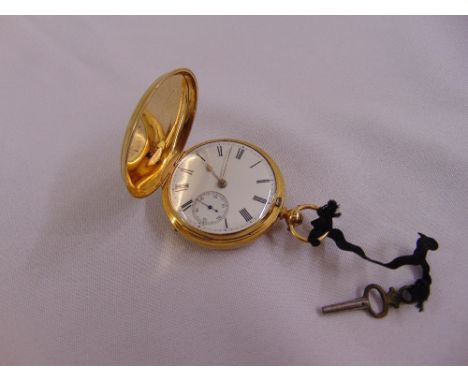 18ct yellow gold pocket watch white enamel dial with Roman numerals and subsidiary seconds dial, approx total weight 96.0g