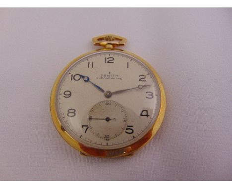 Zenith gold plated open face chronometer, white enamel dial, Arabic numerals and subsidiary seconds dial
