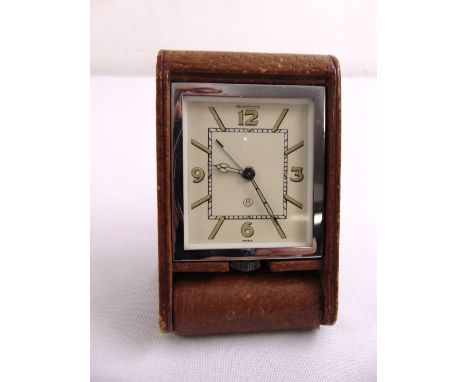 Jaeger LeCoultre rectangular eight day travel clock in fitted leather case