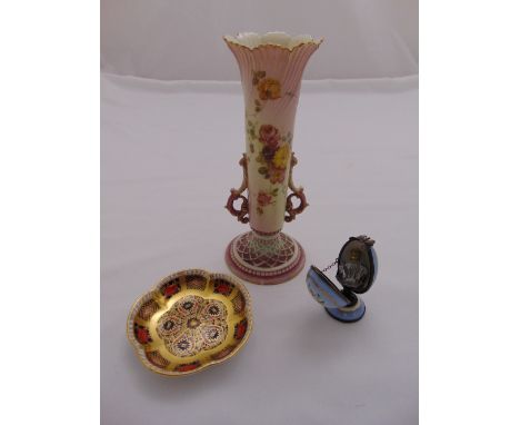 Royal Worcester pedestal vase 1556 decorated with flowers, marks to the base, Royal Crown Derby pin dish 1128 and a Limoges e