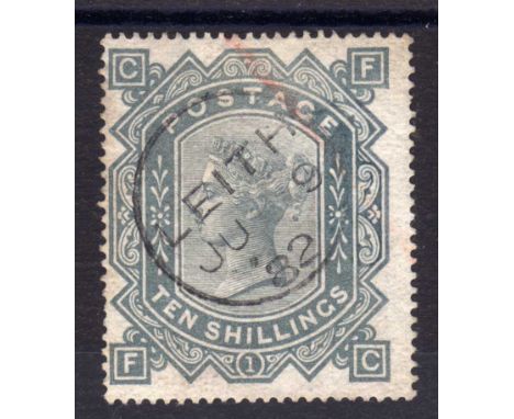 GB: 1867-83 10/- GREENISH GREY WMK MALTESE CROSS USED, LIGHT "LEITH" DCS, SMALL RED CRAYON MARK AND TINY PINHOLE SG 128 