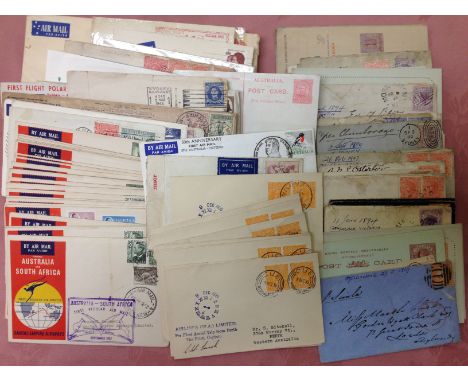 AUSTRALIA: BOX OF COVERS, STATIONERY, FDC, AIRMAILS, 1952 QANTAS FIRST FLIGHTS (23) STATES PERIOD ETC. (APPROX 110) 