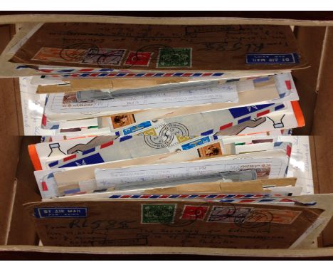 BOX OF COVERS, CARDS, FDC INCLUDING SOME AIRMAIL, FIRST FLIGHTS, SAMOA, AUSTRALIA, AFRICA ETC. 