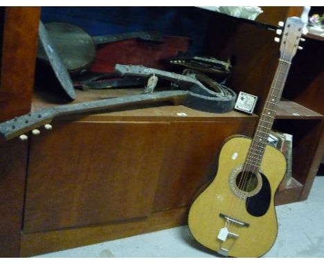 An Acoustic Guitar & Three Vintage Banjos & a Mandolin, all in need of restoration, with one case a/f. 