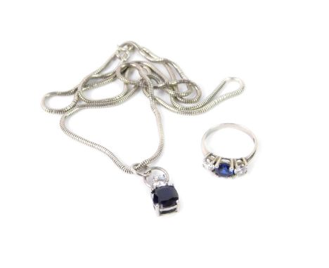 A Tod three stone ring, in white metal, size O/P, together with a matching pendant, on a silver chain.