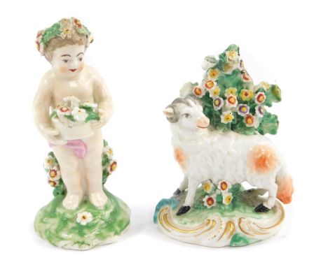 A late 18thC Derby porcelain figure of a Putto, modelled standing holding a basket of flowers, raised on a naturalist base, b