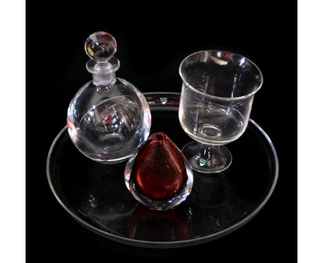 An Orrefors cut glass decanter and stopper, of globular form, 20.5cm H, circular dish, 33.5cm Dia, footed vase, 15cm H, and a