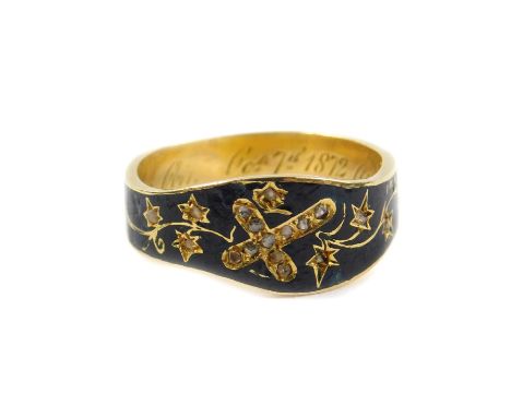 A Victorian 18ct gold black enamel and diamond set mourning ring, decorated with a cross and flowers, engraved internally Alf
